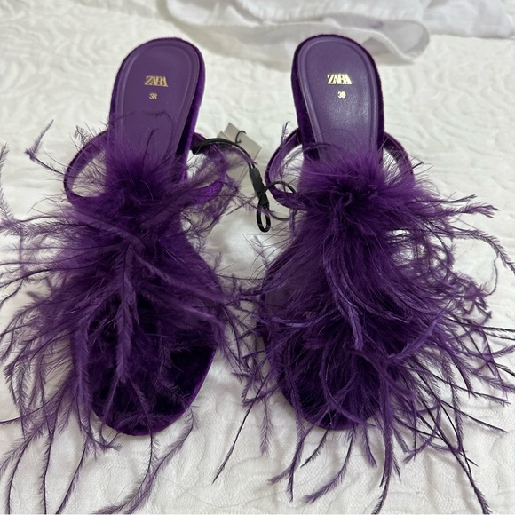feathered high heel sandals
